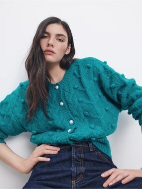 Zara Textured Pom-Pom Button Cardigan Sweater in Teal big pearl buttons chunky
